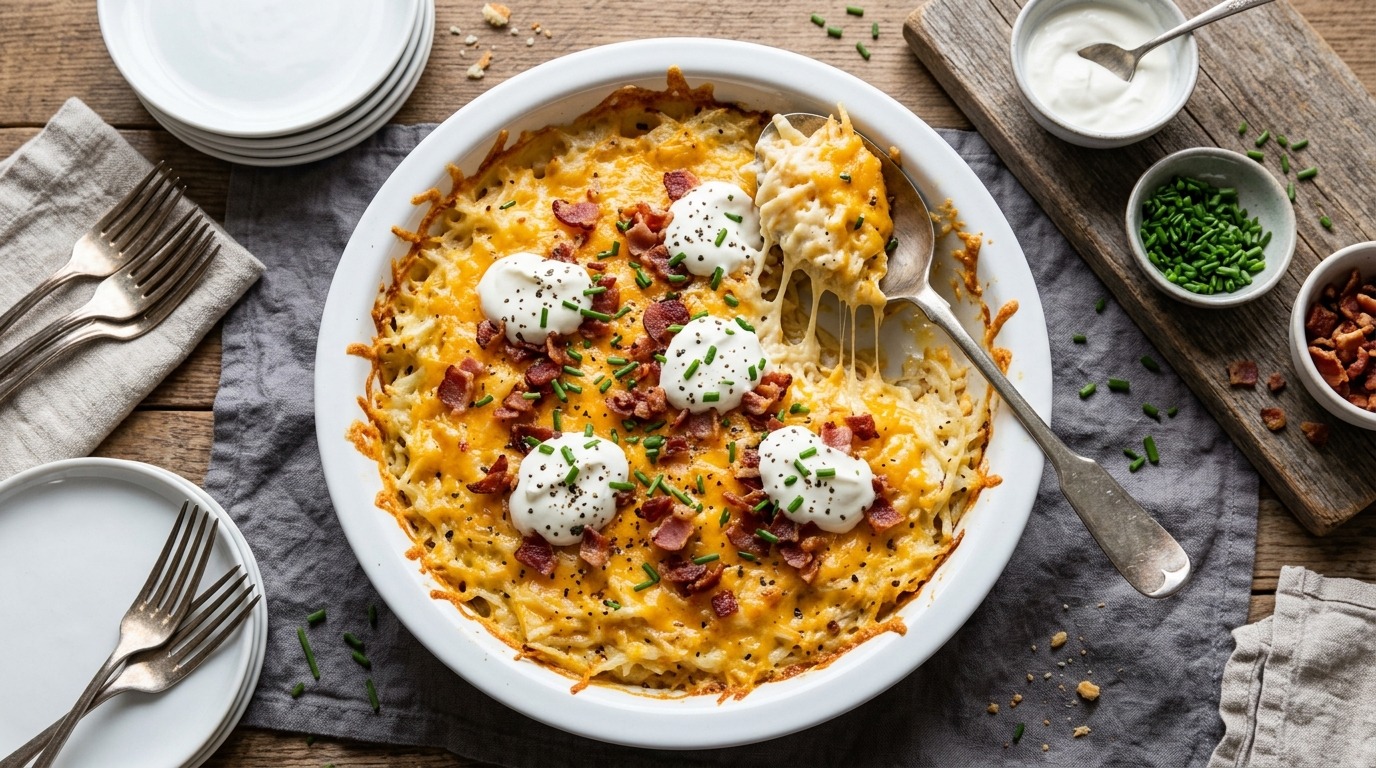Round dish of cheesy potato casserole topped with bacon, sour cream and chives