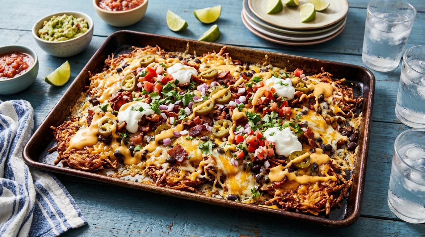Sheet pan of crispy potato nachos covered with cheese, bacon, jalapenos and sour cream
