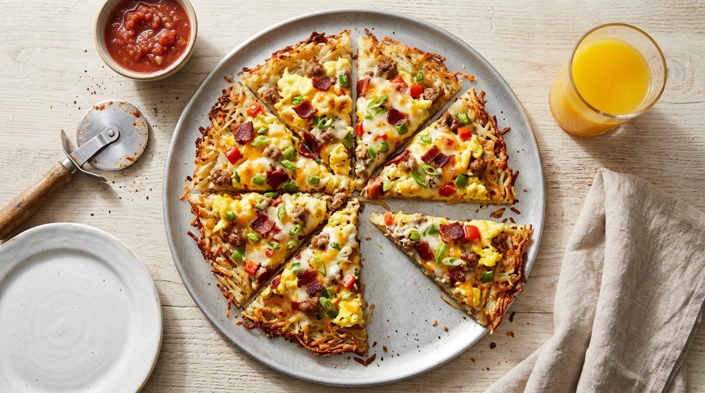 Breakfast pizza with a crispy hash brown crust topped with eggs, sausage and peppers, cut into wedges