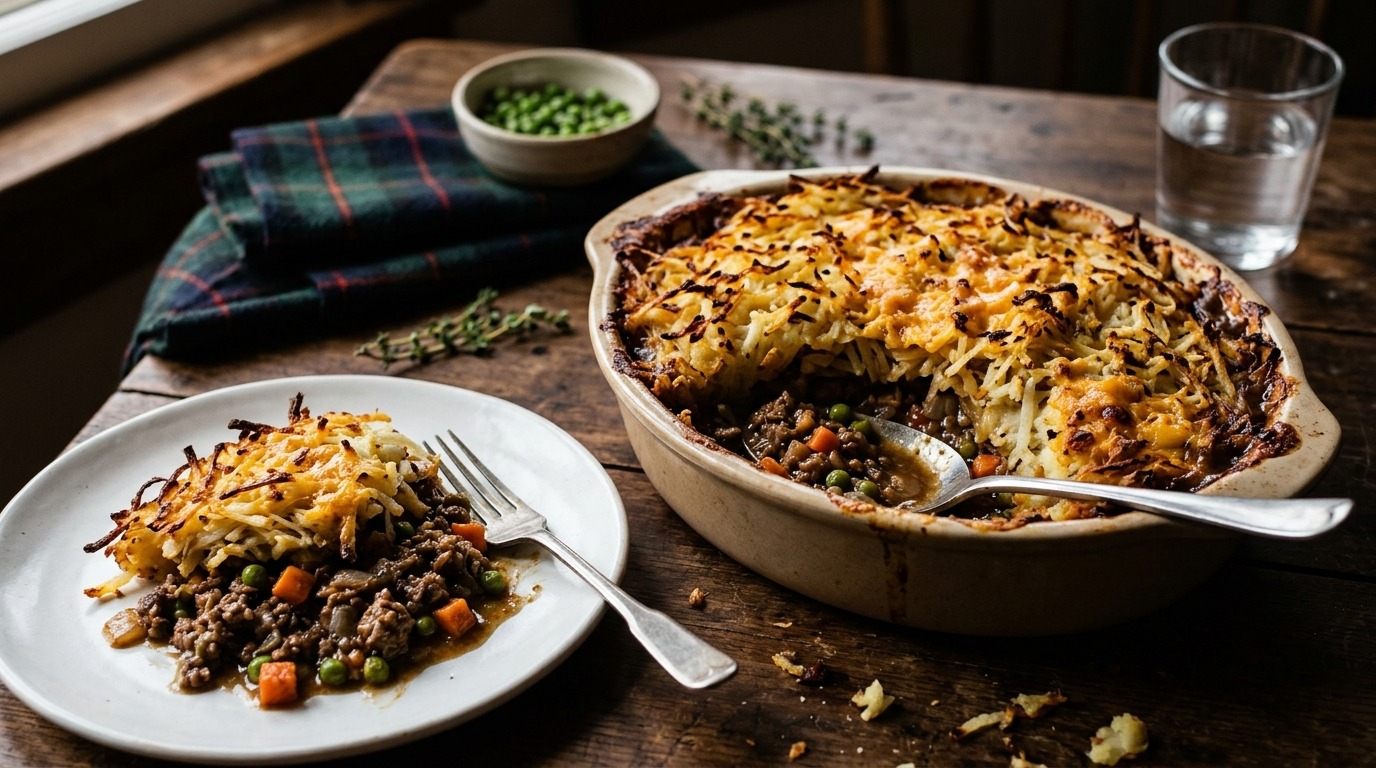 Shepherd's pie with a golden crisp shredded potato top, one portion served on a plate