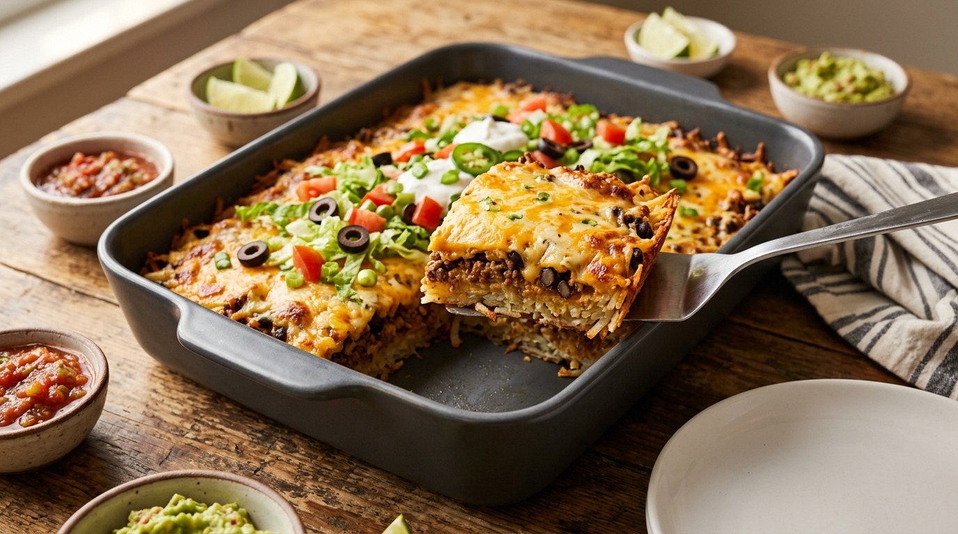 Hash brown taco bake with beef, cheese, tomatoes and sour cream in a gray dish