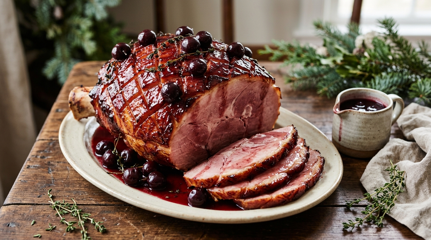 Cherry glazed holiday ham on a platter