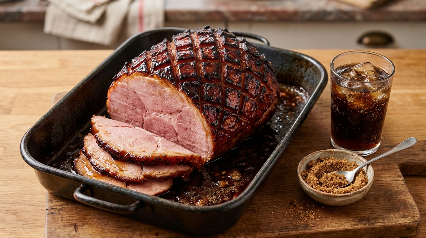Dark cola glaze on a scored roast with a glass of soda