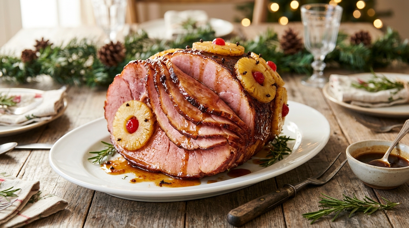 Holiday ham with pineapple rings and cherries