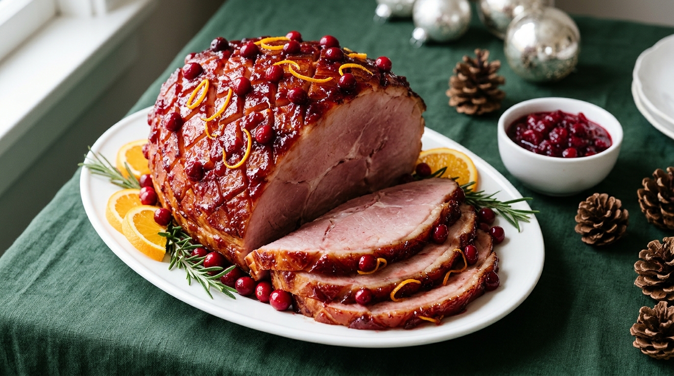 Cranberry orange glazed ham with orange slices