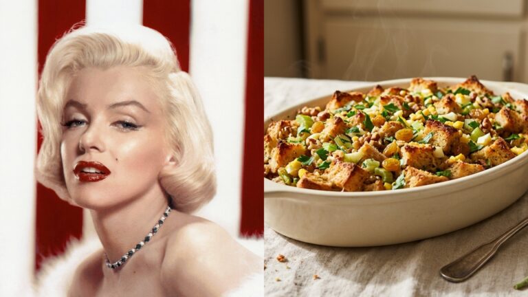 Marilyn Monroe publicity portrait beside a dish of her old Hollywood stuffing recipe