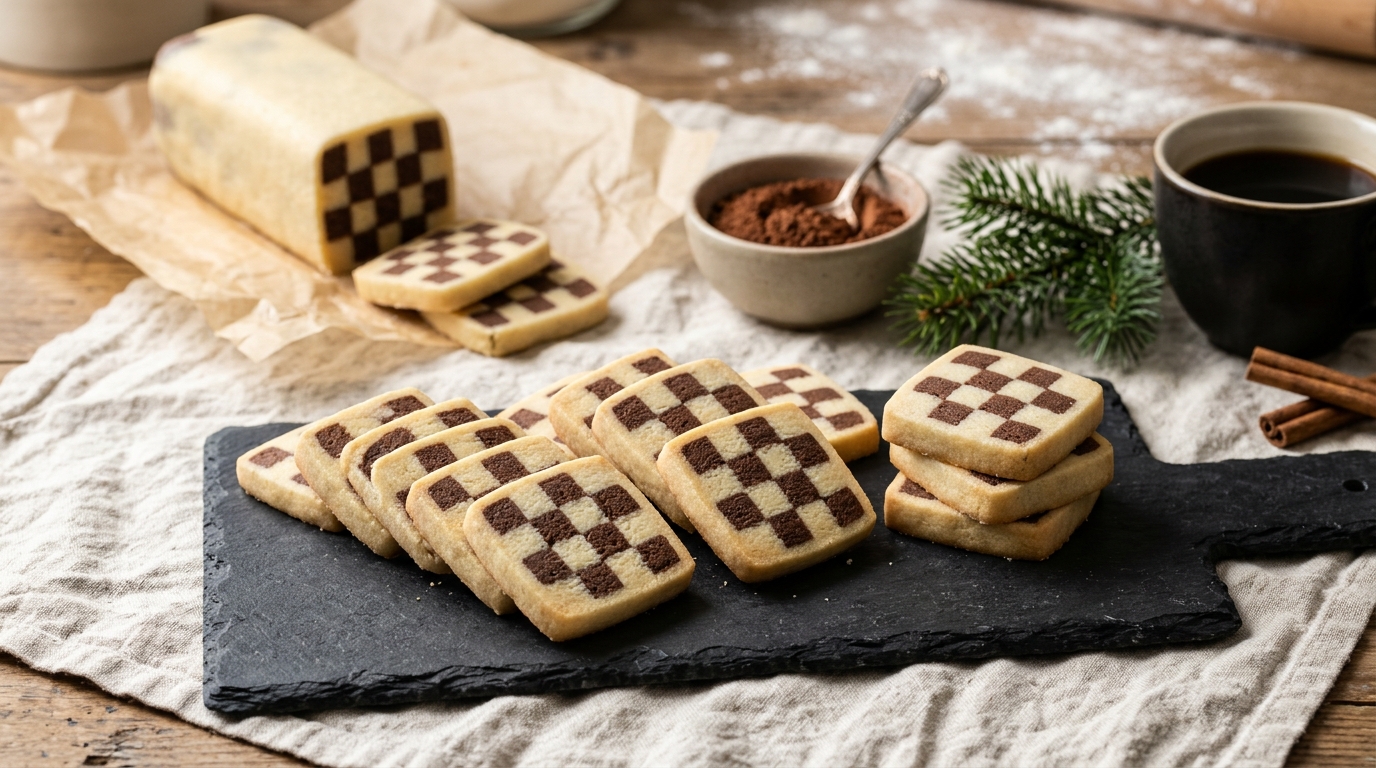 Square checkerboard icebox Christmas cookies stacked on a slate board