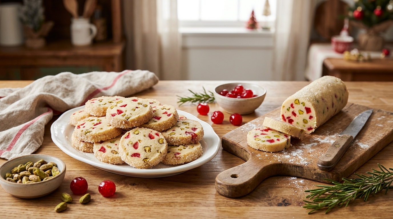 Cherry pistachio cookies on a white platter next to a partly sliced dough log