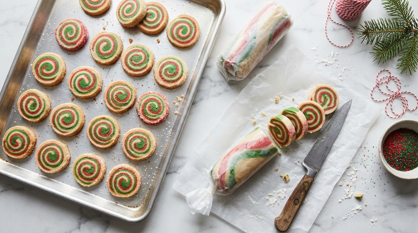 Red and green pinwheel icebox Christmas cookies on a baking sheet beside sliced dough logs