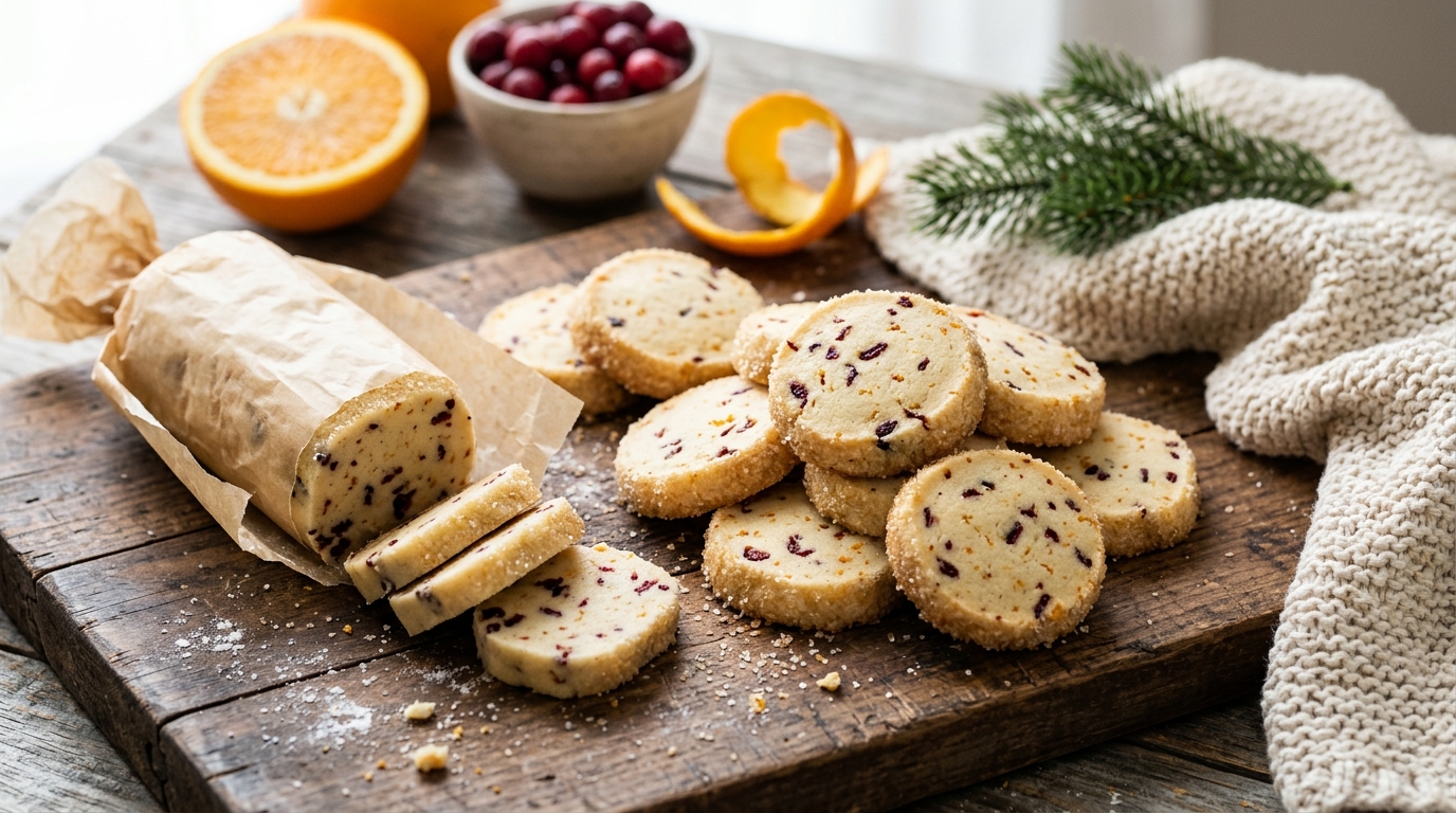 Cranberry orange icebox Christmas cookies on a wooden board with a sliced dough log