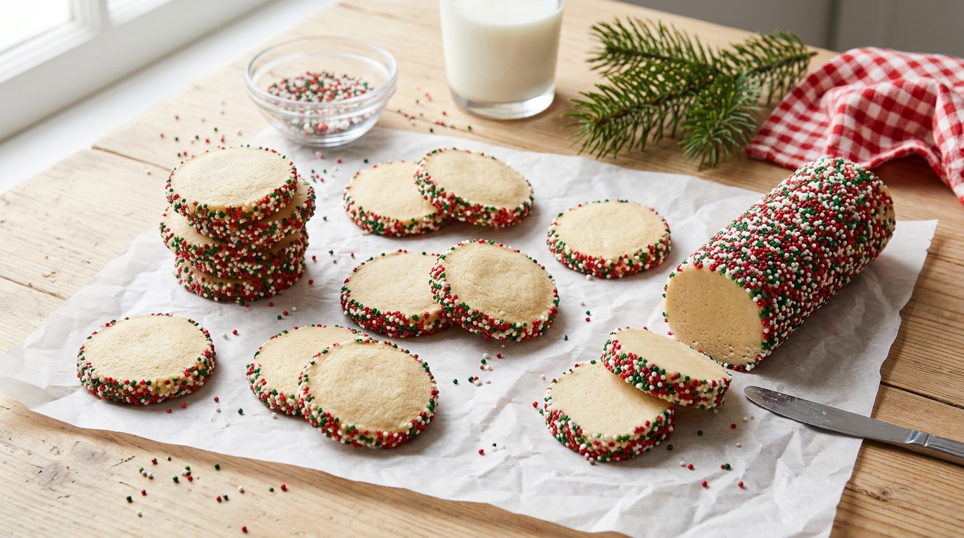 Christmas sugar cookies edged with red green and white sprinkles on parchment