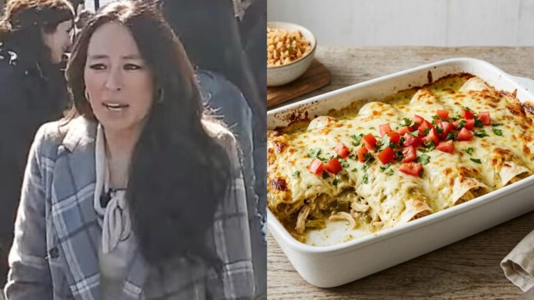 Joanna Gaines next to a baking dish of sour cream chicken enchiladas