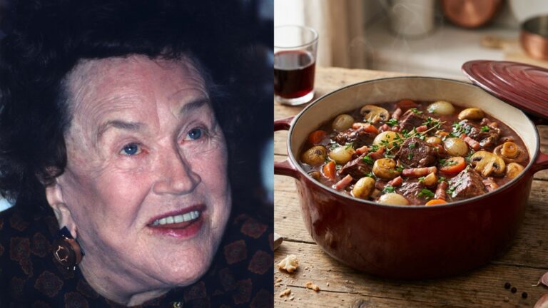Julia Child beside boeuf bourguignon in a red Dutch oven, one of the best known Julia Child recipes
