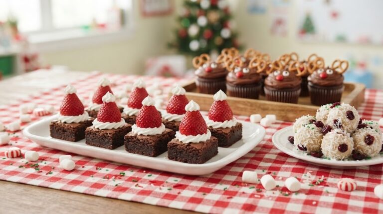 Christmas treats for kids party tray with Santa hat brownies, coconut snowballs and reindeer cupcakes
