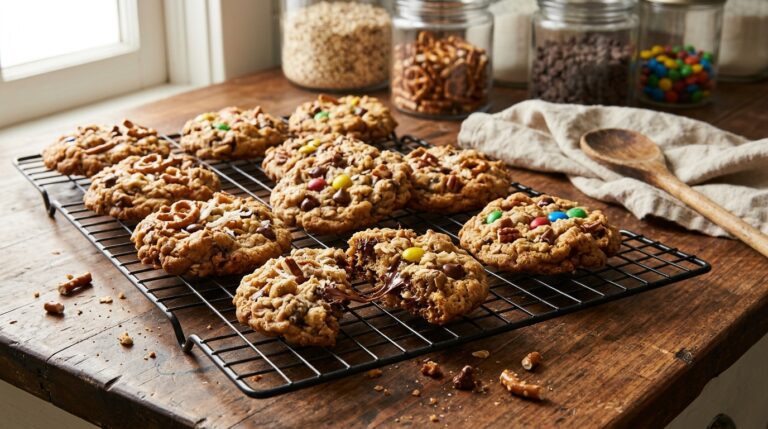 Thick kitchen sink cookies with pretzels, oats and colorful candies cooling on a wire rack