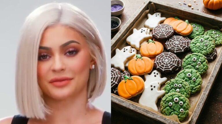 Kylie Jenner next to a tray of decorated Halloween cookies with ghosts, pumpkins and spider webs