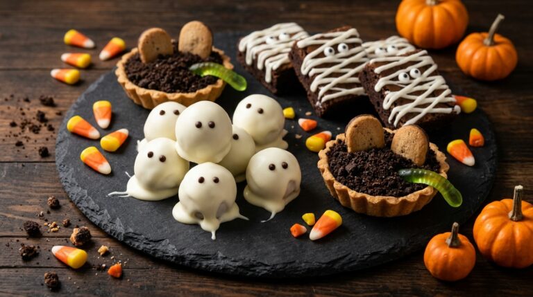 Last minute Halloween desserts platter with white chocolate ghost truffles, mummy brownies and graveyard tarts