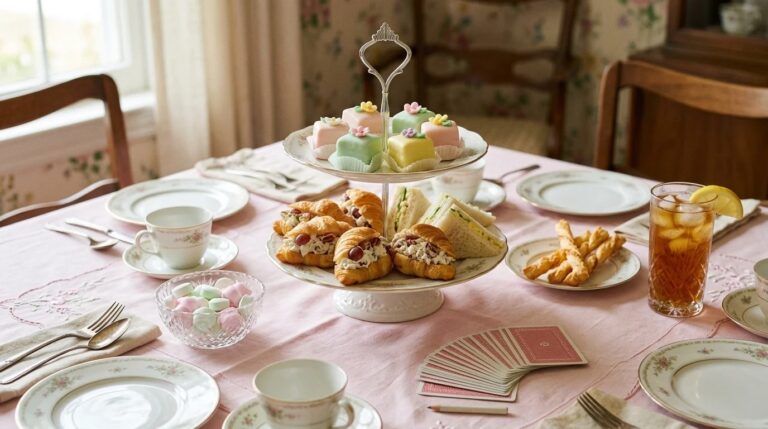 Ladies luncheon table with chicken salad croissants, tea sandwiches and pastel petit fours on a tiered stand