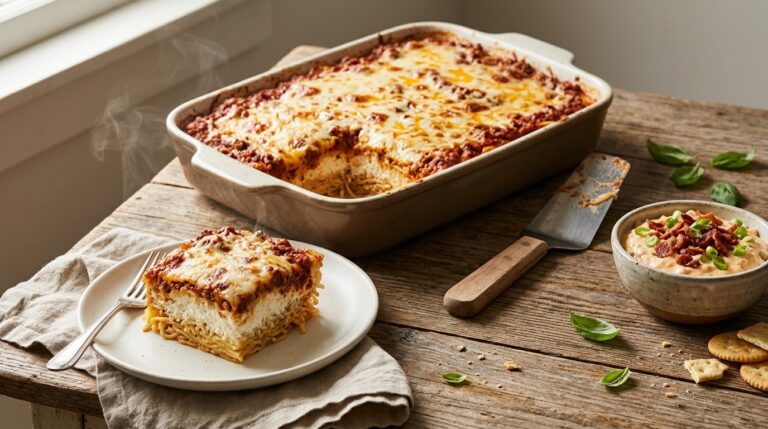 Million dollar spaghetti bake with a cream cheese layer and a bowl of bacon dip