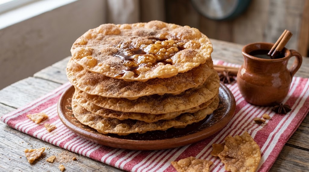 Stack of crisp buñuelos with cinnamon sugar and piloncillo syrup