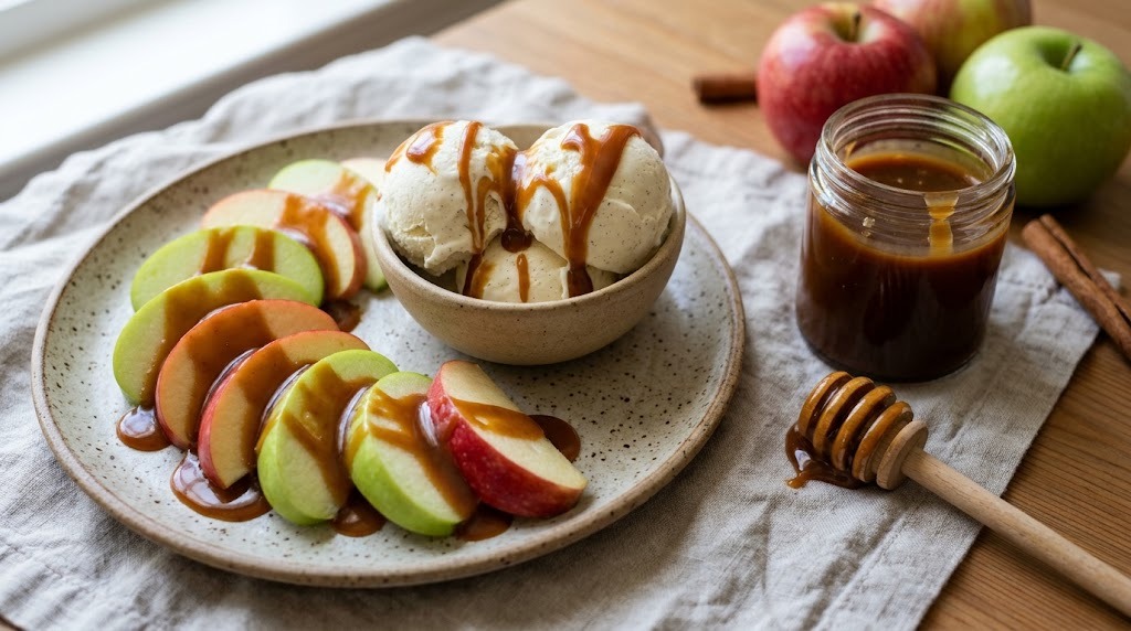 Cajeta caramel drizzled over apple slices and vanilla ice cream