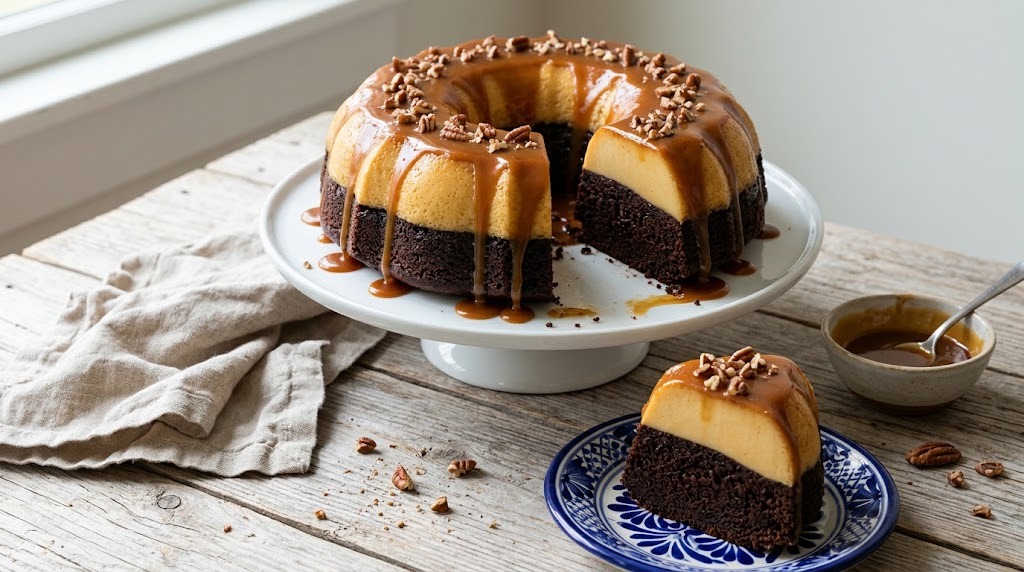 Mexican chocoflan with caramel sauce on a cake stand