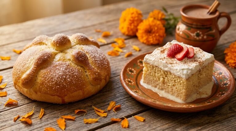 Pan de muerto sweet bread and tres leches cake with marigold petals