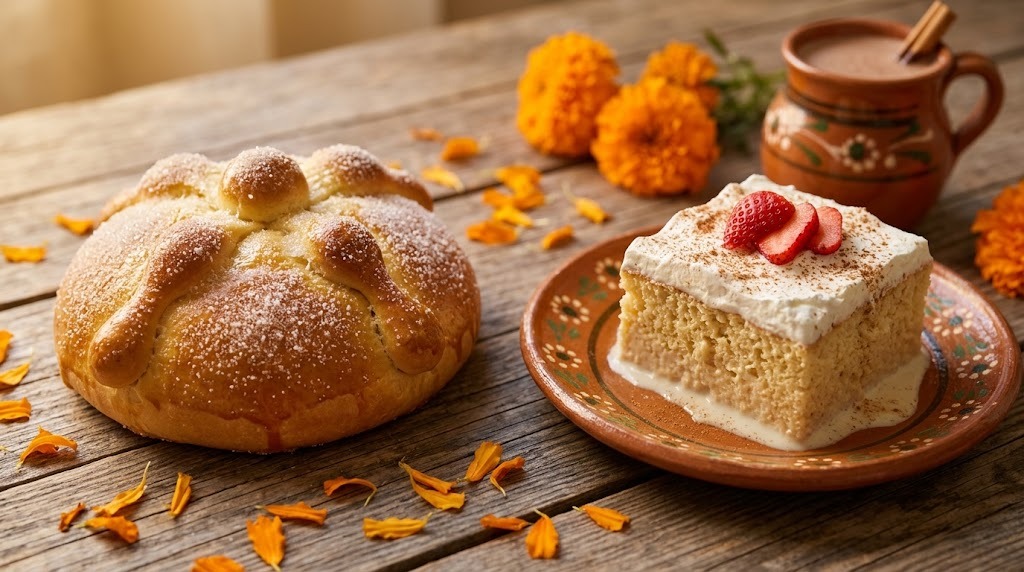 Pan de muerto sweet bread and tres leches cake with marigold petals