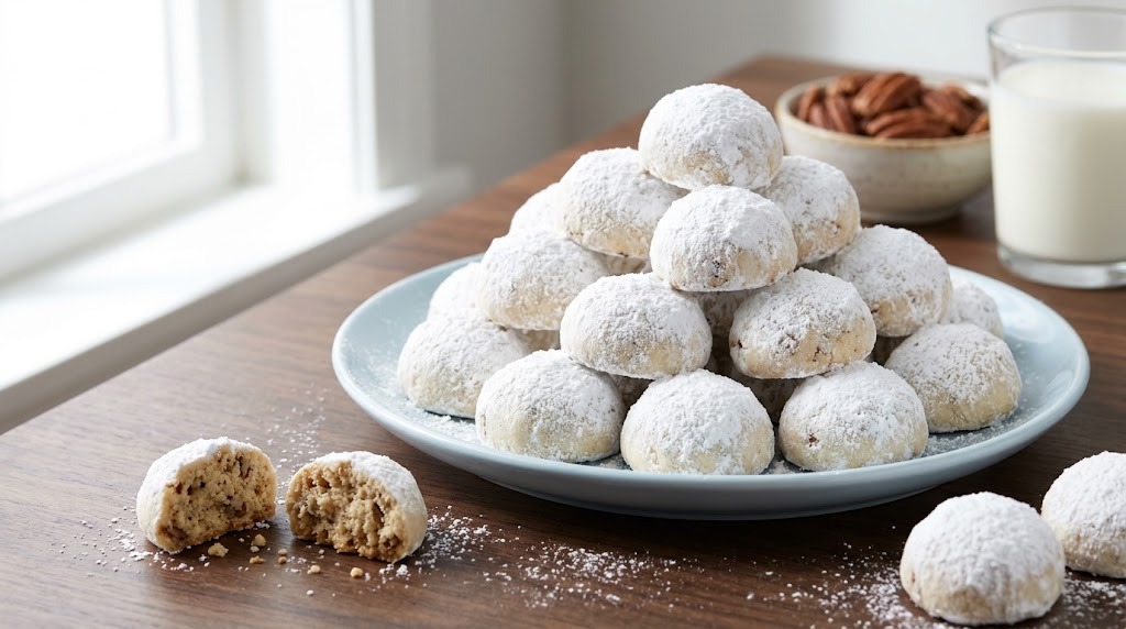 Mexican wedding cookies coated in powdered sugar
