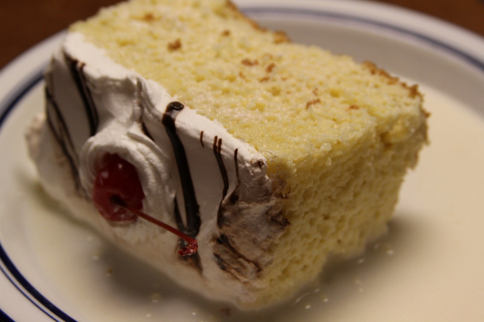 Slice of tres leches cake with whipped cream and a cherry