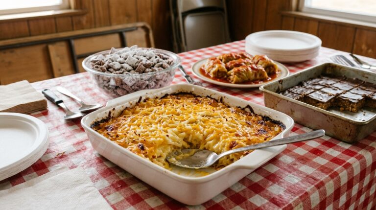 Midwestern grandma recipes potluck table with cheesy hashbrown hotdish