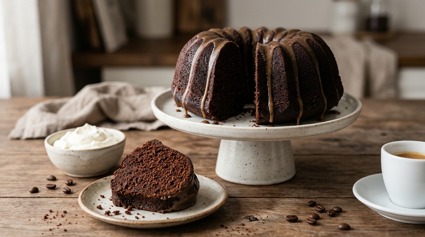 Espresso chocolate Bundt cake with coffee glaze, inspired by Nigella Lawson bakes