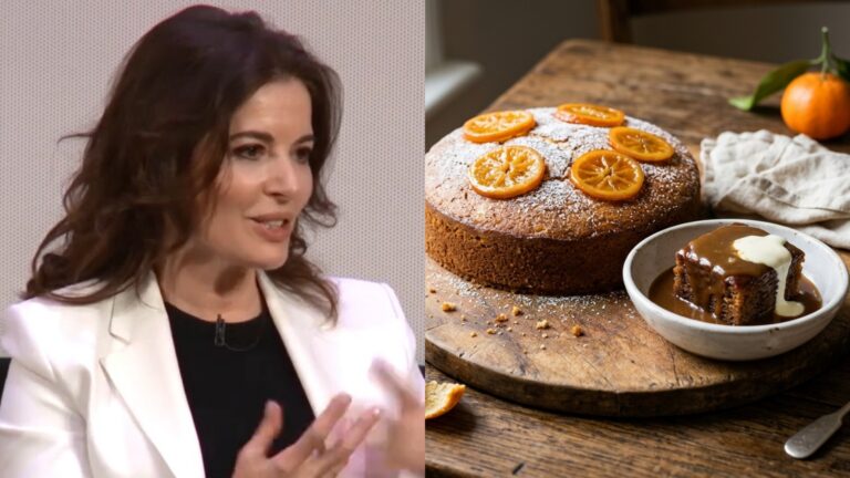 Nigella Lawson beside two cozy bakes, clementine almond cake and sticky toffee pudding