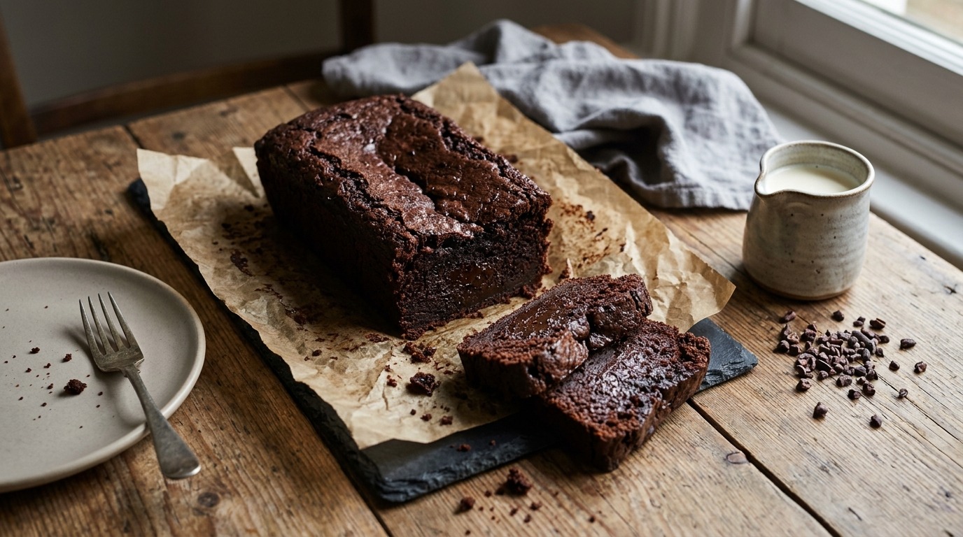 Dense chocolate loaf cake in the style of Nigella Lawson bakes, sliced on parchment