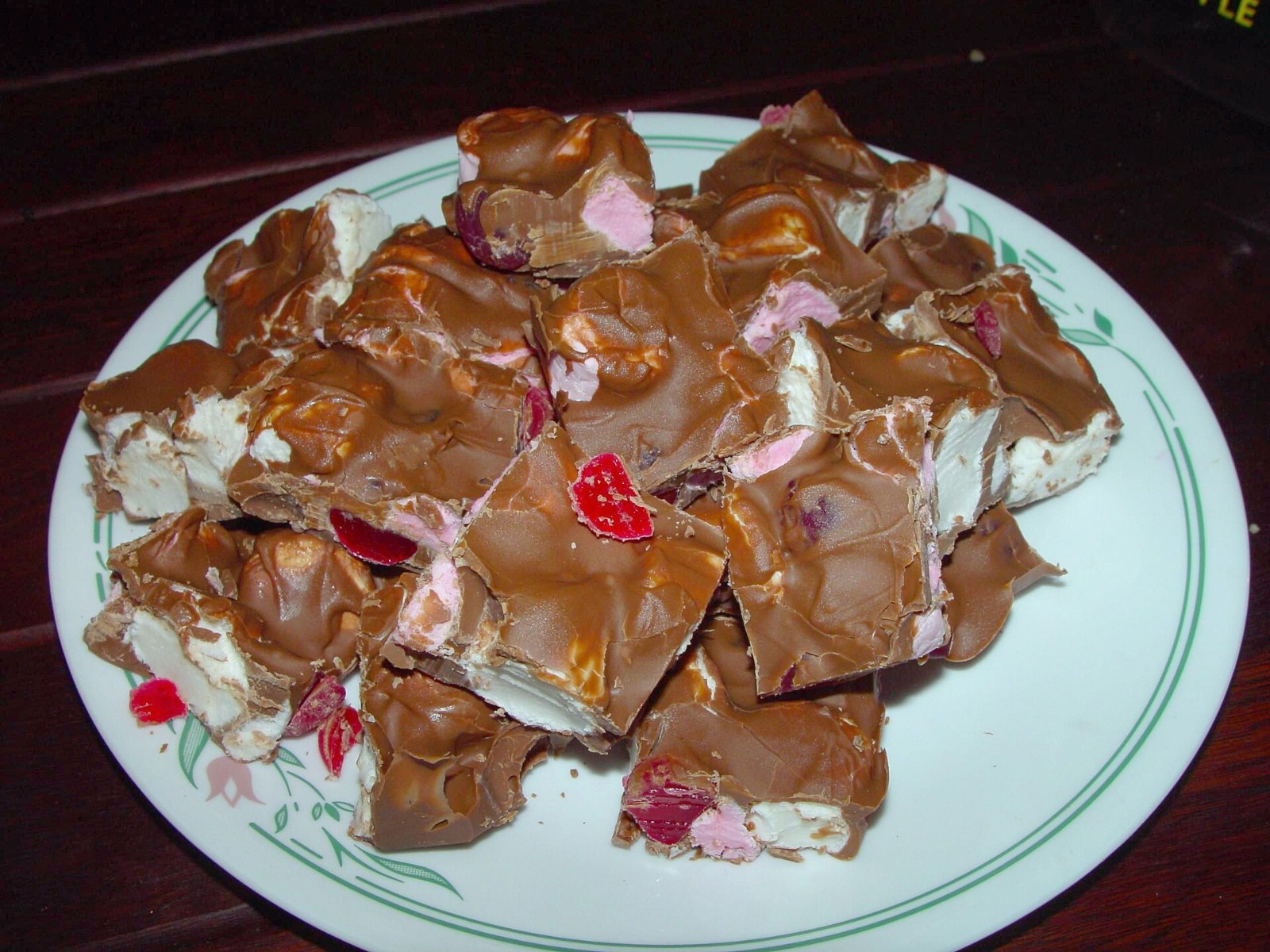Rocky road chunks with marshmallows and cherries, a no oven take on Nigella Lawson bakes