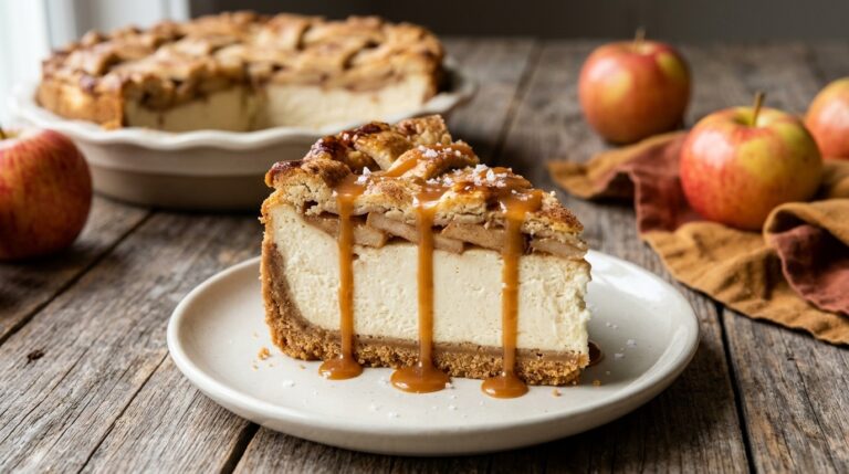 Salted caramel apple pie cheesecake slice for Thanksgiving pie mashups