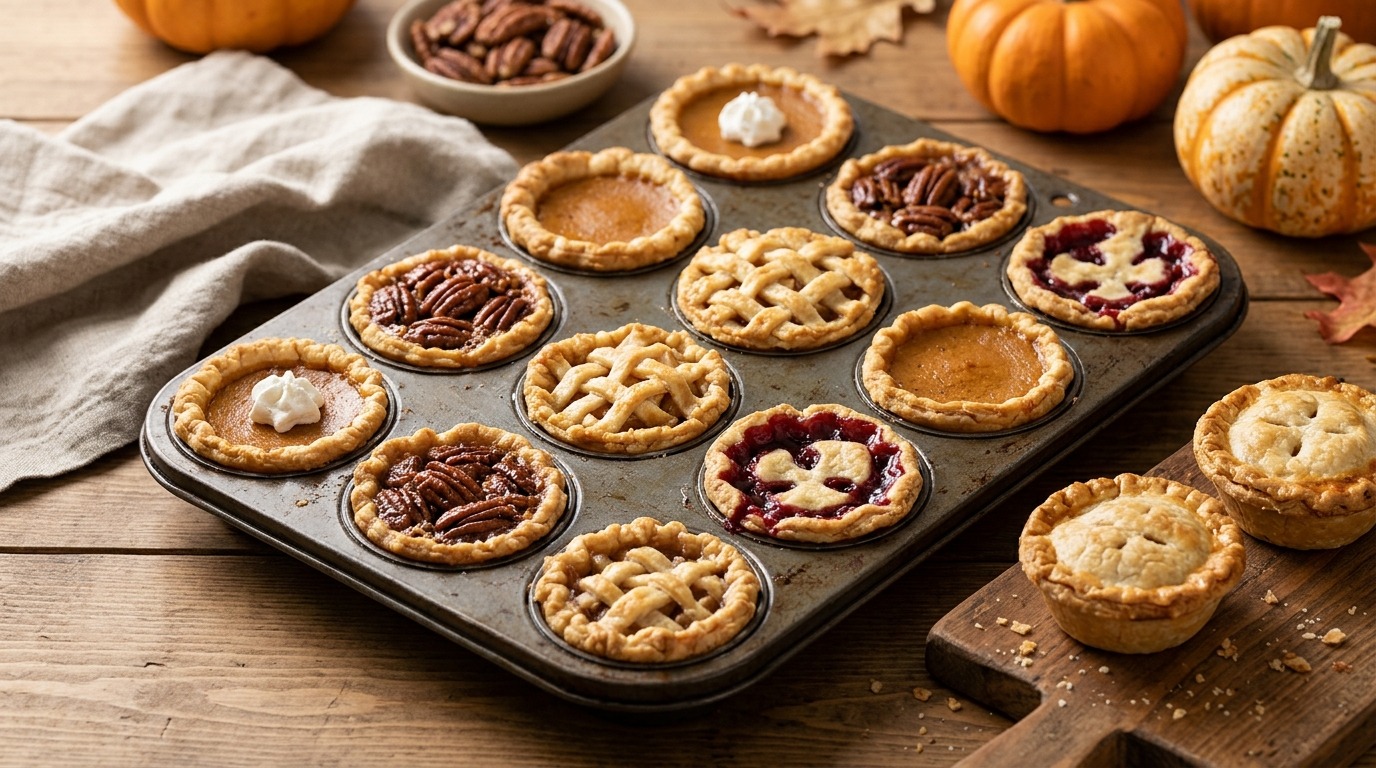 Mini pies in four flavors baked in a muffin tin
