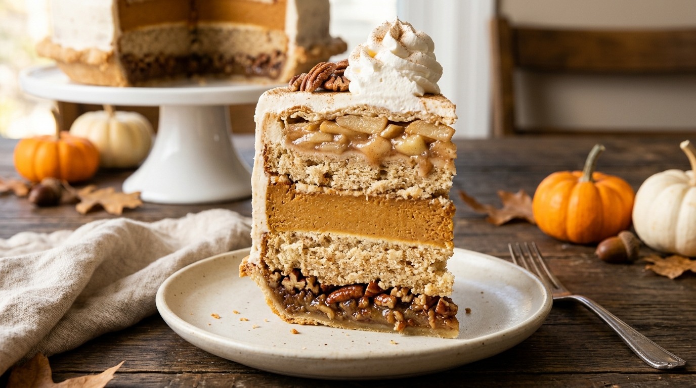 Piecaken slice showing pecan pie, cake and pumpkin pie layers