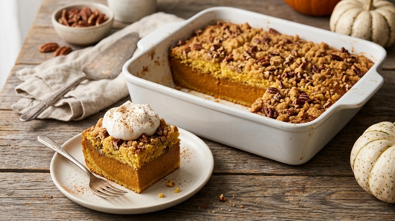 Pumpkin pie crunch cake square with whipped cream