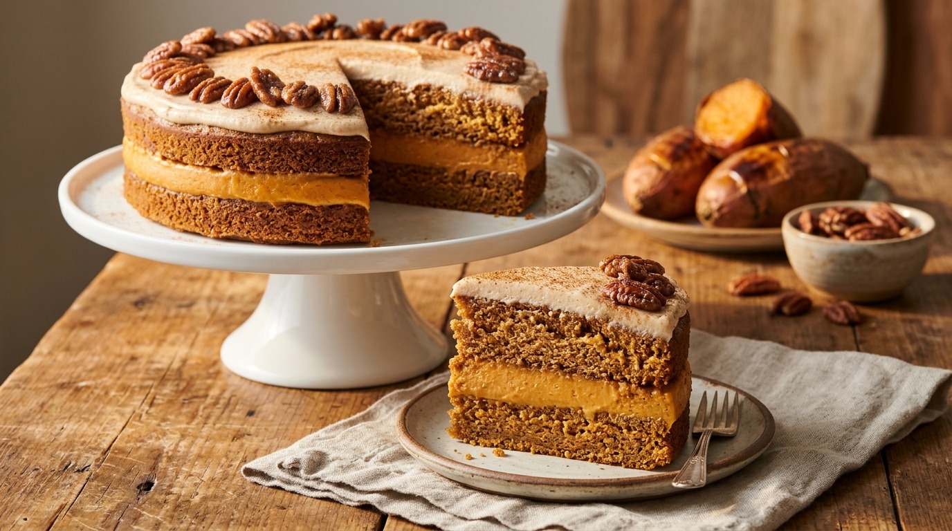 Sweet potato layer cake with a creamy custard filling