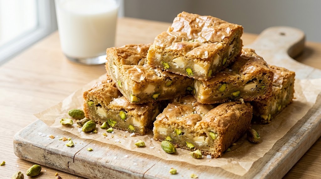 Stack of chewy golden blondie squares with white chocolate chunks and green nuts