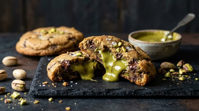 Chocolate chip cookie broken open with green nut cream oozing out on a dark slate board