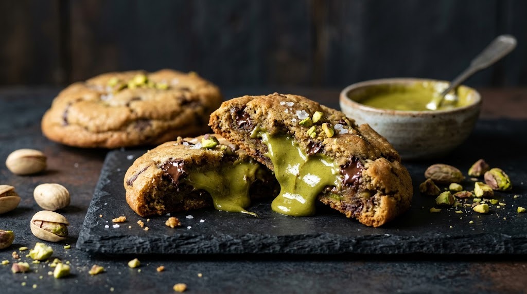 Chocolate chip cookie broken open with green nut cream oozing out on a dark slate board