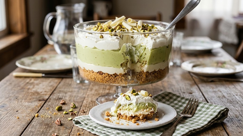 Glass trifle bowl with graham crust, cream cheese, green pudding and whipped cream layers