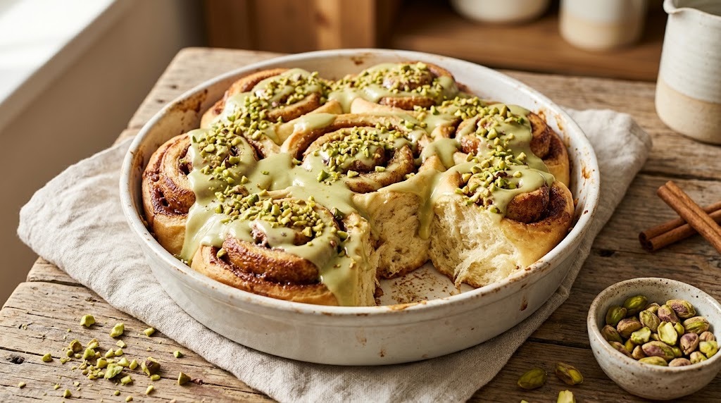 Pan of pistachio cinnamon rolls drizzled with pale green glaze
