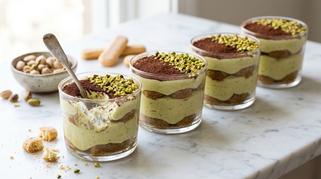 Glass cups of layered tiramisu with pistachio cream, cocoa and chopped pistachios