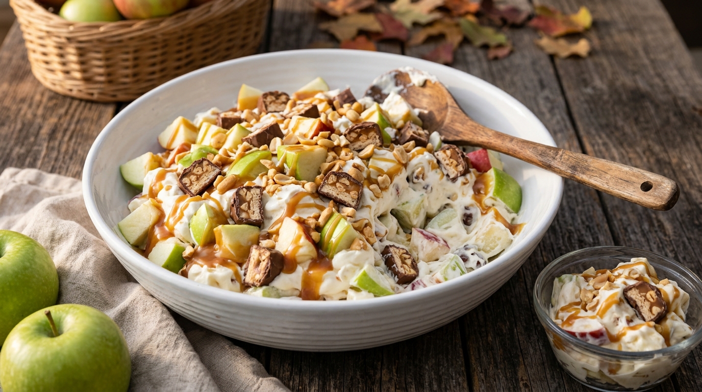 Chopped apples and candy bar pieces in a caramel drizzled dessert bowl