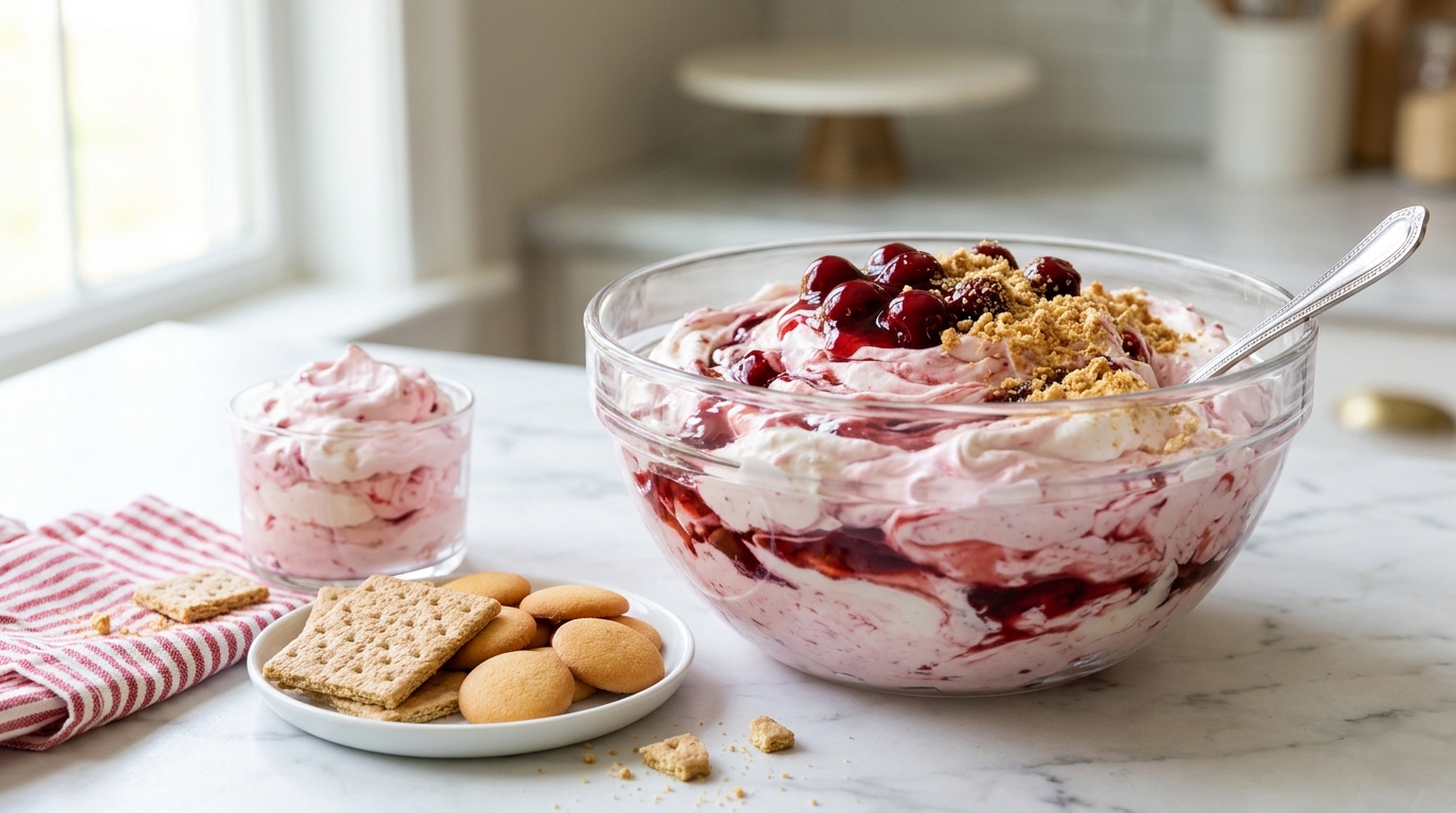 Cherry cheesecake fluff topped with graham cracker crumbs