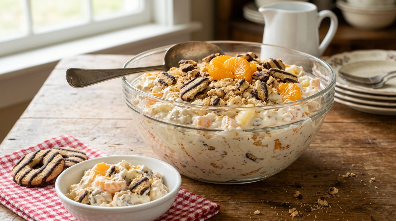 Cookie salad with mandarin oranges and broken striped shortbread cookies