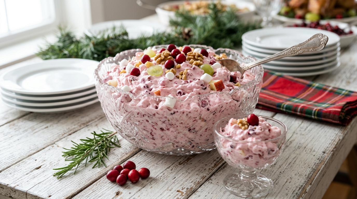 Pink cranberry fluff with marshmallows and walnuts in a glass bowl